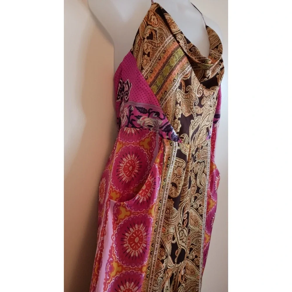 Free People Miranda Satin Patchwork Jumpsuit Wide Leg Smocked Back L - Picture 6 of 13